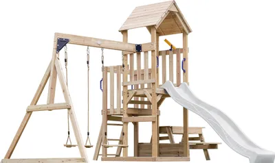 Produktbild von AXI Mette Spielturm aus Holz mit 2 Schaukeln | XXL Spielhaus / Spielplatz für Kinder mit Picknicktisch, Sandkasten & Rutsche, Weiß | Schaukelgerüst für den Garten