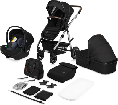 Produktbild von Lionelo Amber - Kočárek 3 v 1 - Set sporťák, autosedačka, pevná korbička, autosedačka, taška, moskytiéra, pláštěnka - Black Silver