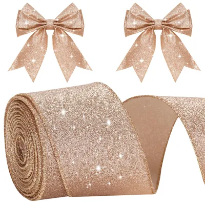 Glitzer-Geschenkband mit Draht, 6 cm x 10 m, Roségold