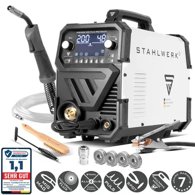 Produktbild von STAHLWERK Schweißgerät Kombi MIG/MAG 200 Spot Puls Pro Digital, 200A IGBT Inverter, Fülldraht, FLUX, Lift-TIG, MMA, CuSi, MIG-Puls für Aluminium, KI-generiertes Bild