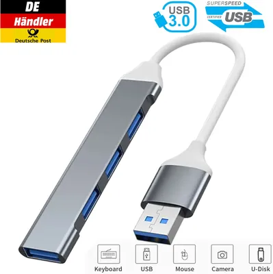 A USB hub with multiple ports and a connected USB 3.0 cable, shown against a white background with marketing icons and text.