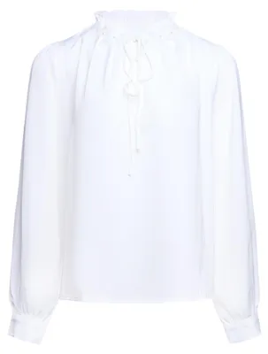 Produktbild von Damen Bluse weiß Größe S mit Rüschenkragen, Bischofsärmeln und Perlenakzenten