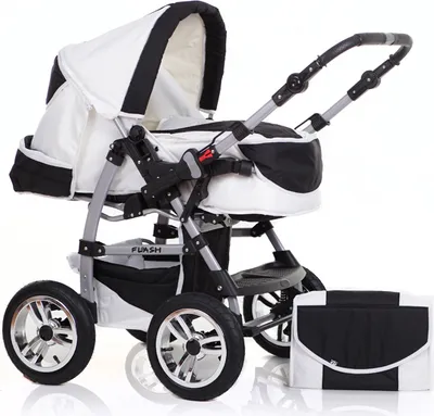 A studio shot of a baby stroller and a matching changing bag on a white background.