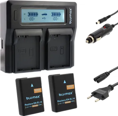 Produktbild von 2x Akku + Lader für Nikon EN-EL14  D3300  D5500 D5600 P7700 P7800 1300 mAh