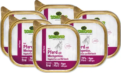Produktbild von 6x200g  Schecker Hundemenü - mit 78% Pferd mit Mischgemüse, Hagebutten und Bärlauch