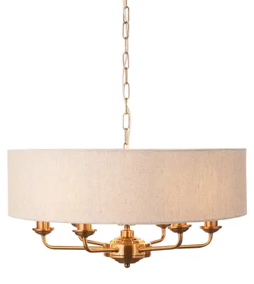 Immagine prodotto di Lampada a sospensione HIGHCLERE vintage in ottone 6xE14x15W con tessuto, dimensioni: 174x55x55 cm, IP20, Endon