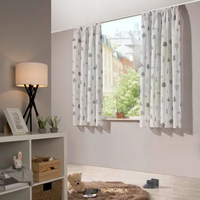 Produktbild von heimtexland ® Kinder Vorhang Kindergardine Wald Bär Leinen Optik Natur Grau Deko Gardine Kinderzimmer Halbtransparent  Typ563 Bandschal HxB 175x135 cm