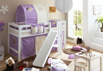 Produktbild von Hochbett mit Rutsche Podestbett Tino Buche massiv Weiss teilbar, Vorhangstoff:Lila Beige