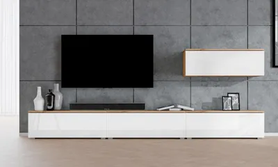 Produktbild von AX LIVING Anbauwand Loriano IV Wohnwand Eiche Wotan/weiß Hochglanz 300