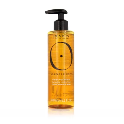 A bottle of Orofluido Radiance Argan Shampoo with a pump dispenser, set against a white background.