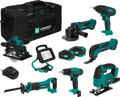 Produktbild von Vonroc Werkzeugset 20V - 4.0Ah | Inkl. 7 Maschinen, 2 Akkus und einem Ladegerät