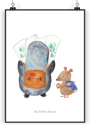 Produktbild von Mr. & Mrs. Panda Bild Pinguin & Maus Wanderer DIN A5 - Weiß - Geschenk, kunstdruck poster, Wandbild, Plakat, Wandern, wanddeko, drucke, Wanderlust, Pinguine, Ausflug
