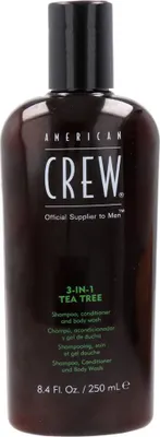 Produktbild von American Crew 3 en 1 Teebaum, pflegendes Shampoo und Gel de Dusche, Reinigt und entfernt el Talg von der Kopfhaut, desodoriert el Körper, gepflegtes und glänzendes Haar, Teebaumduft de. 250ml