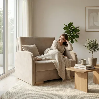 Produktbild von Wohnero 24 Goldi 1 Premium Schlafsessel 90x100 cm mit Schlaffunktion & Bettkasten – Hochwertiger Klappsessel 80x195 cm, Design Sofa Beige