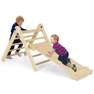 Produktbild von DREAMADE 4-in-1 Indoor Kletterspielzeug für Kinder, Faltbares Dreieckklettergerüst mit doppelseitiger Rampe, Krabbeltunnel, ab 3 Jahren, Natur