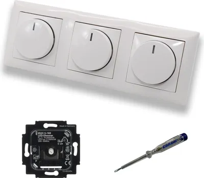 Produktbild von Busch Jäger 6523U-102 (3 Stück) LED Drehdimmer Dimmer + Dimmerscheiben 2115-914 in BalanceSi alpinweiß glänzend im 3-fach Rahmen inkl. EBROM Phasenprüfer zur Montage der Geräte 6523 U - 102