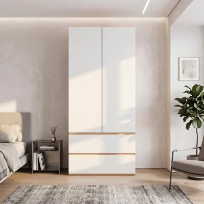 Immagine prodotto di Armadio con cassetti, appendiabiti e vano superiore, mobile alto con ante, dimensioni 90x50x200 cm, colore bianco, materiali: MDF e pannello di fibra a media densità (PB), Immagine generata dall'IA