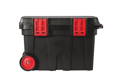 A black rolling toolbox with red latches and wheels, shown against a white background.