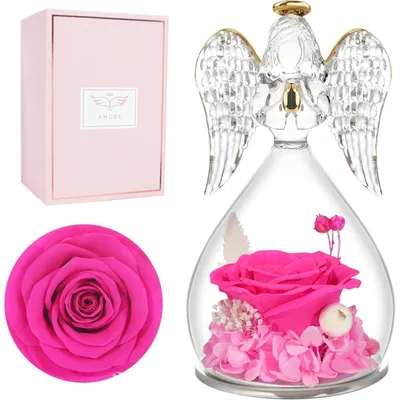 Imagen del producto de Figura de ángel, rosa eterna, cúpula de cristal, ángel guardián, regalo para mamá, color rosa intenso
