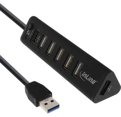 Produktbild von InLine Smart Hub, 7-fach USB 3.0 / 2.0 Hub mit Schnelllade-Anschluss, USB 3.2 Gen 1 (3.1 Gen 1) Type-A, USB 2.0, USB 3.2 Gen 1 (3.1 Gen 1) Type-A, 5000 Mbit/s, Schwarz, ABS Synthetik, 0,5 m
