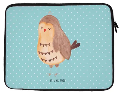 Produktbild von Mr. & Mrs. Panda Laptop Tasche Eule Zufrieden 27 x 36 cm - Türkis Pastell - Geschenk, Owl, Laptoptasche, Hülle, Waldtier, Hochzeitstag, Sleeve, Laptophülle, Liebe Spruch