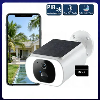 Image de caméra de surveillance extérieure 2K HD Batterie avec panneau solaire, Caméra de surveillance extérieure solaire, Caméra de surveillance avec spotlight