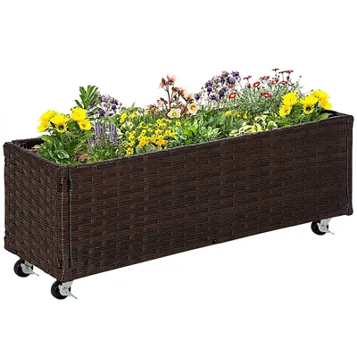 Produktbild von Hochbeet Poly Rattan Rollen Pflanzkasten Abflusslöchern Blumenkasten Braun