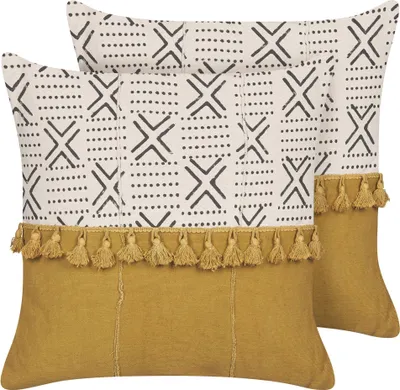 Zdjęcie produktu dla BELIANI 2 poduszki biało-żółte bawełniane 45 x 45 cm ręczny nadruk stemplowana geometryczny wzór boho poszewka