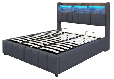 Immagine prodotto di Letto imbottito 140x200 cm, con illuminazione a LED, dotato di porta USB, con spazio contenitivo, con testiera imbottita, colore grigio