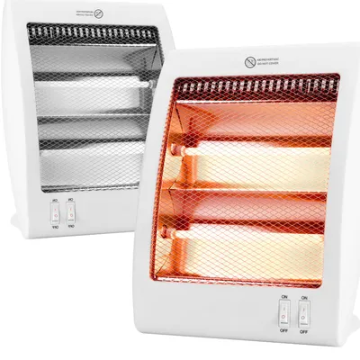 Two white infrared heaters are shown against a white background. One heater is in the foreground and is turned on, emitting a red glow. The other heater is in the background and is turned off.