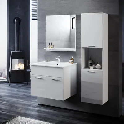 Immagine prodotto di Set di mobili da bagno SONNI 3 pezzi bianco lucido, con lavabo con mobiletto, specchio e colonne