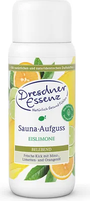 A bottle of Dresdner Essenz Sauna-Aufguss with citrus fruit illustrations.