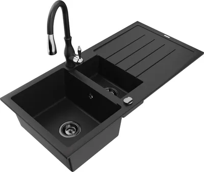 Produktbild von Mexen Andres 1,5-Becken-Granitspüle mit Abtropffläche und Mischbatterie Savita, Schwarz - 6515-77-672601-70-B