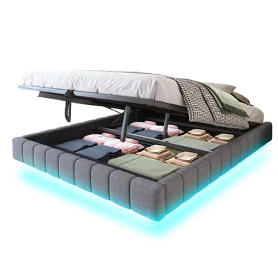 Produktbild von Merax Polsterbett Schwebebett 180x200cm mit LED, Doppelbett mit hydraulischem Stauraum, stabilem Metallrahmen, ohne Kopfteil, Leinenstoff Grau