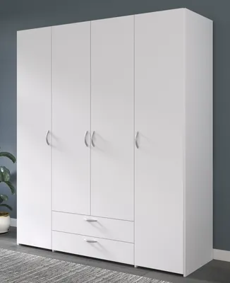 A white four-door wardrobe with two drawers at the bottom, set against a dark gray wall.