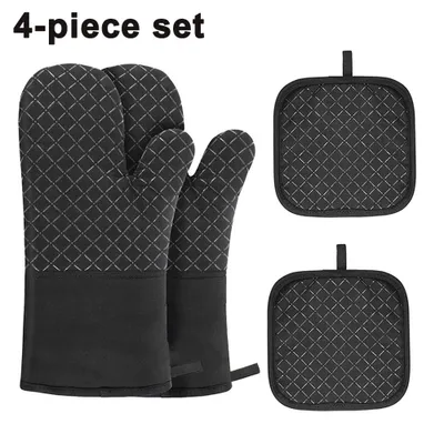Produktbild von Ofenhandschuhe Topflappen 4er Set, 300℃ Hitzebeständige Topfhandschuhe, Küche Topfhandschuhe mit Silikon Anti-Rutsch Design, Geeignet für Kochen, Backen, Grillen(Schwarzes Gitter)