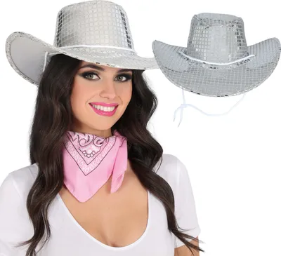 Immagine prodotto di Cappello Cowboy Carnevale Glitter Party Accessorio Argento Glamour Disco Fascination 80s Look Fashion Stylish Shiny Western Flair Costume Highlight, Colore: Argento