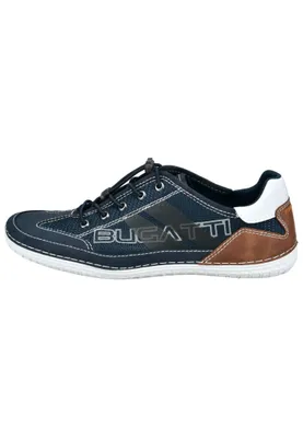A side view of a single blue sneaker with brown and white accents.