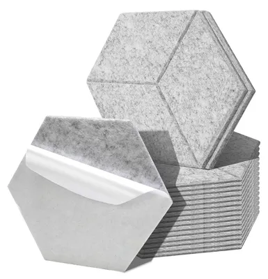 Zdjęcie produktu dla Panele akustyczne Vigevee, filcowe, samoprzylepne, 18 sztuk, sześciokątne, 15 cm, pochłaniacze dźwięku do montażu na ścianie, grubość 0,9 cm, wzór z nacięciami, kolor: szary