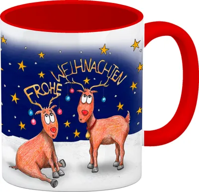 Produktbild von Frohe Weihnachten Kaffeebecher Henkel und Innenseite Rot mit Rentier