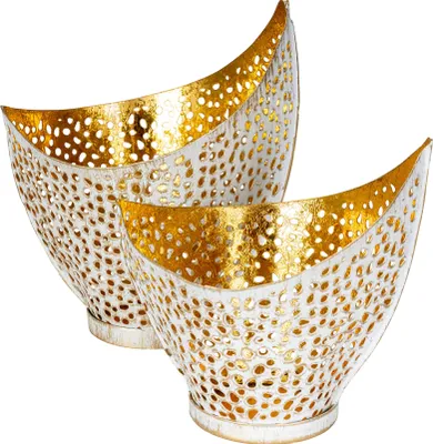 Produktbild von 2er Set Design Teelichthalter Weiß Gold Windlicht Metall Kerzenhalter Deko
