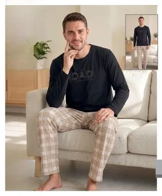 Produktbild von Herren Pyjama Schlafanzug Set Baumwolle Schwarz M Lang Warm C-41