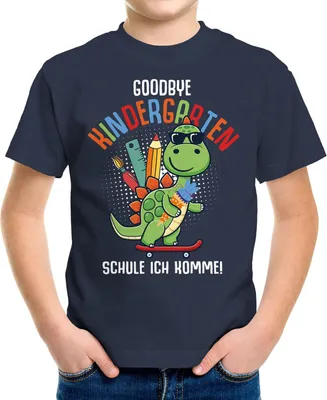 Produktbild von Kinder T-Shirt Jungen Dinosaurier Schulkind Goodbye Kindergarten Geschenk zur Einschulung Schulanfang Moonworks® navy 122-128 (7-8 Jahre)