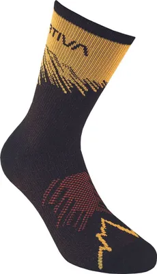Laufsocke von La Sportiva in Schwarz mit gelben und roten Bergdesigns.