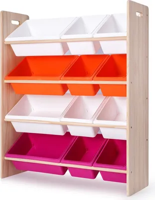 Produktbild von WonderMind© Montessori Kinderregal und Spielzeug-Organizer aus Holz - B85 x T30 x H103 cm - 12 Spielzeugkisten - Farbe: Orange & Lila