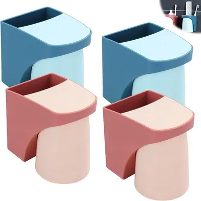 Produktbild von 4-Zahnbürstenhalter für Wand: Zahnbürstenhalter ohne Bohren, Zahnbürstenhalter mit magnetischem Becher, Zahnbürstenhalter-Set für Bad (rot + blau)