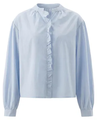 Produktbild von Blaue Damen Bluse Gr. L mit Stehkragen, Bischofsärmeln und Knopfverschluss