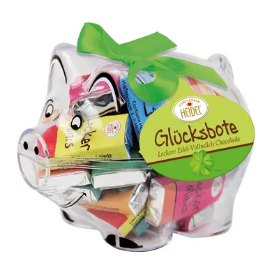 Produktbild von Heidel Glücksbote Dose Sparschwein mit Mini Tafeln Schokolade 60g