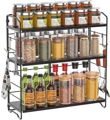Immagine prodotto di Ibenzoa® Scaffale da cucina regolabile a 3 livelli – scaffale in metallo pieghevole, nero, vassoio rimovibile (8 altezze), 4 ganci, piedini antiscivolo