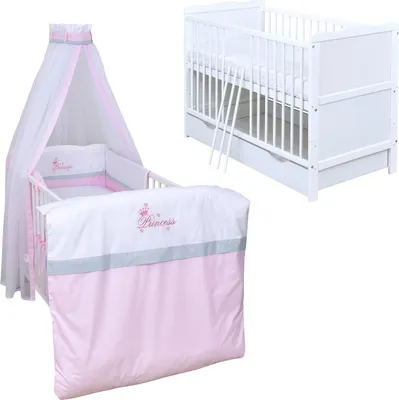 Produktbild von Baby-Delux Babybett Kinderbett Jack 140×70 weiß inkl. Schublade Bettwäsche komplett Set Princess